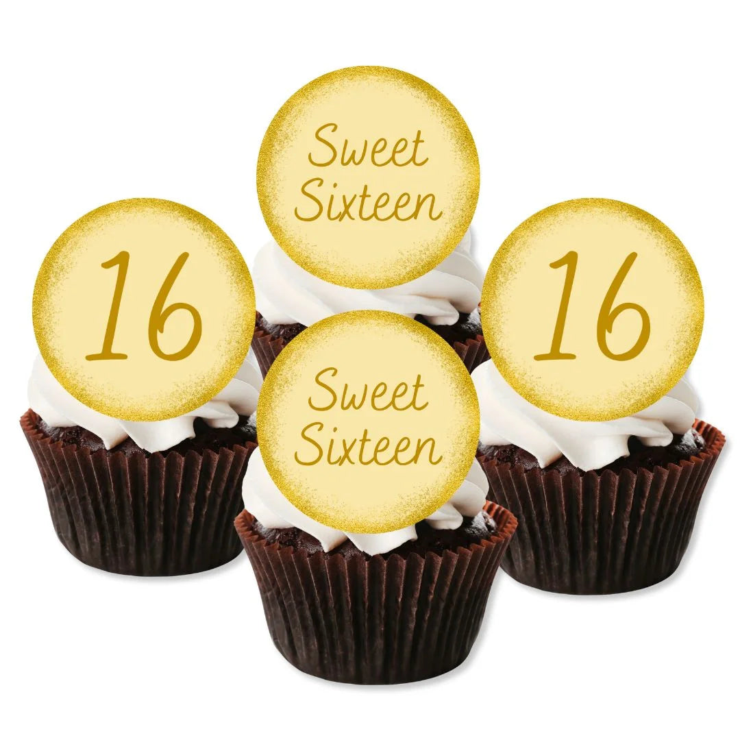 Gold Sweet 16 cupcake toppers placed on chocolate cupcakes