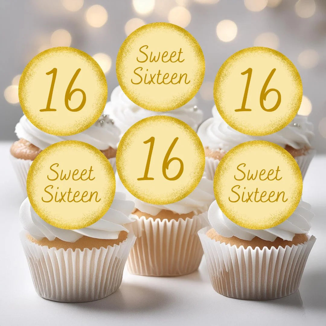 Gold Sweet 16 cupcake toppers placed on white frosted cupcakes