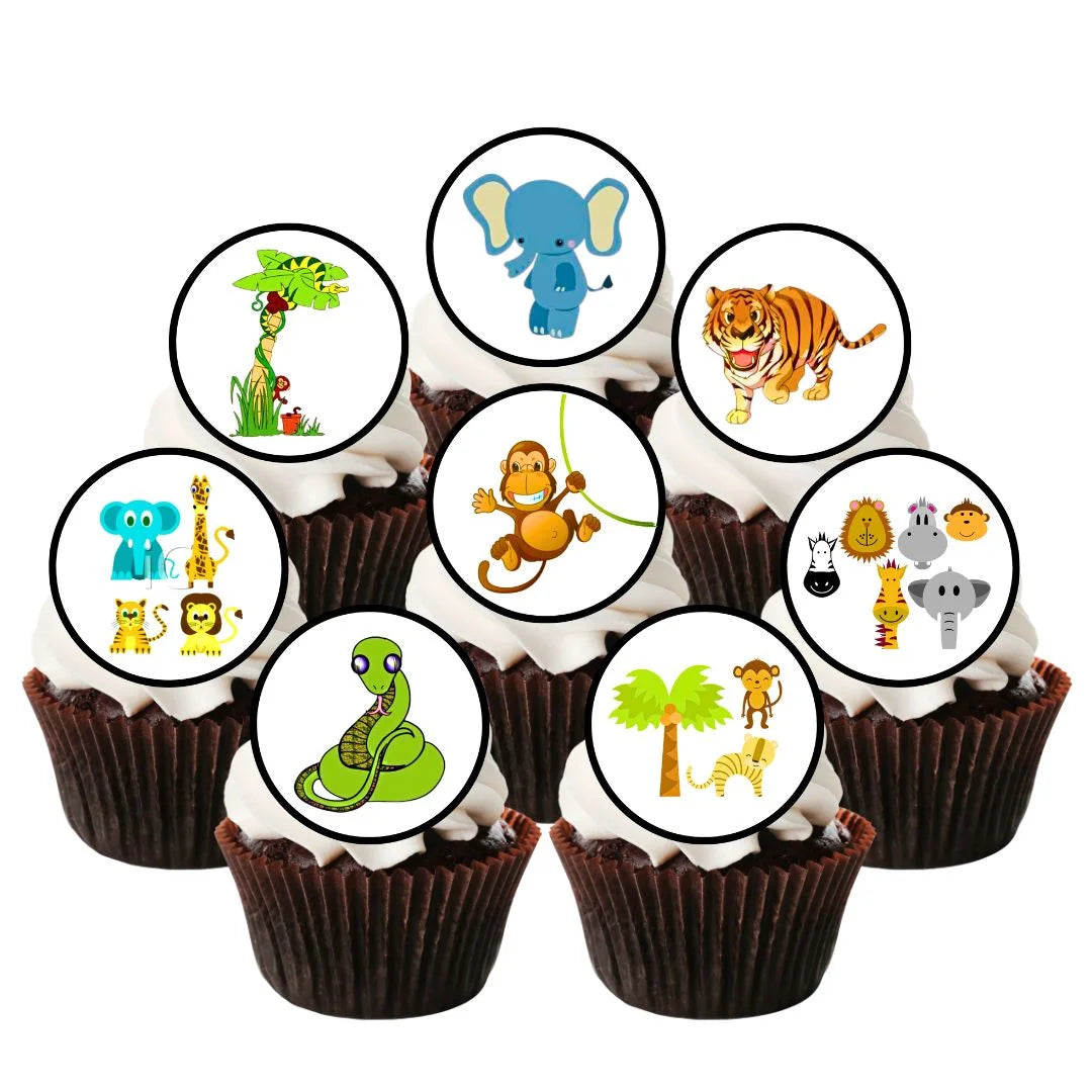 jungle themed edible cupcake toppers on chocolate cupcakes with with white frosting 