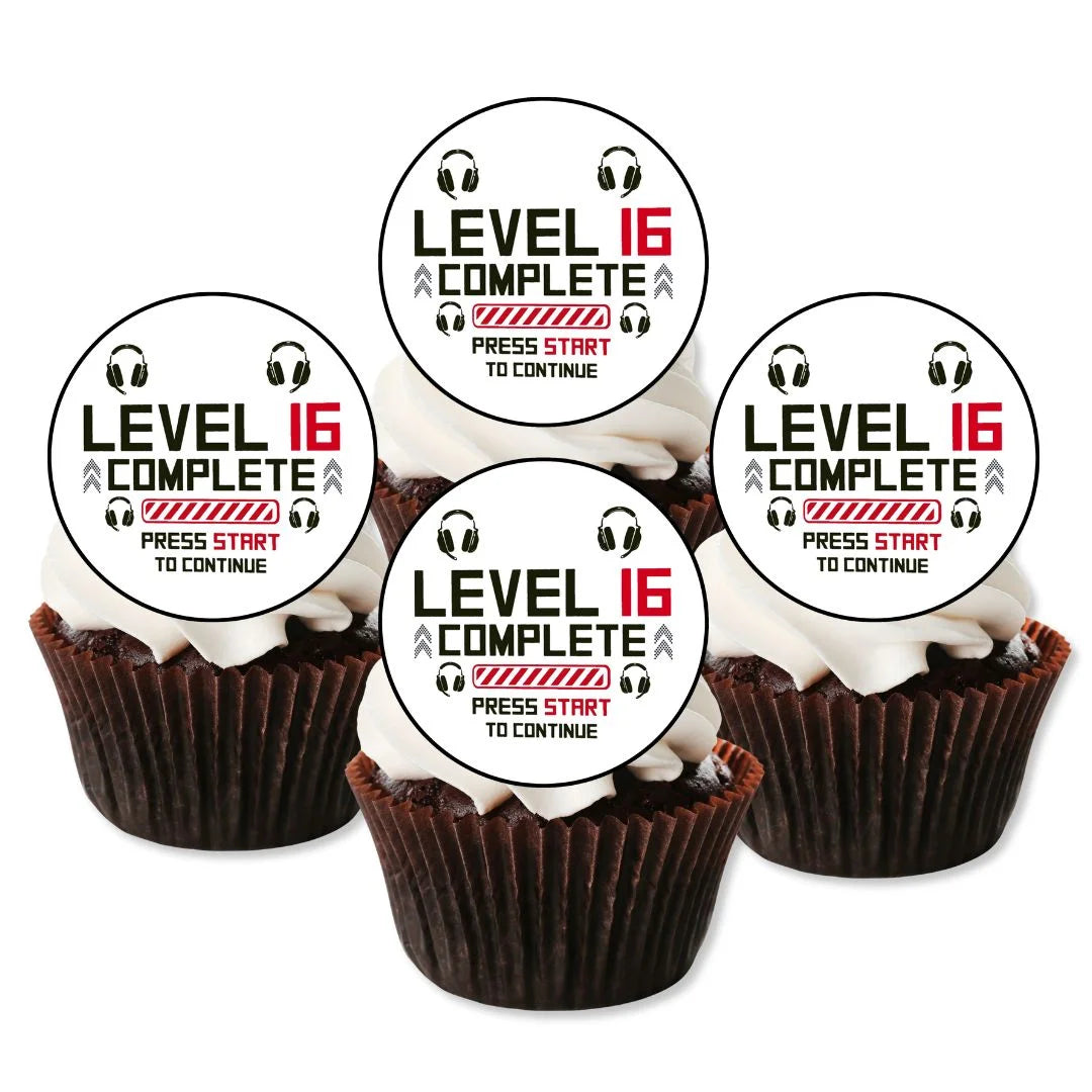 16th birthday gaming edible cupcake toppers, placed on chocolate frosted cupcakes