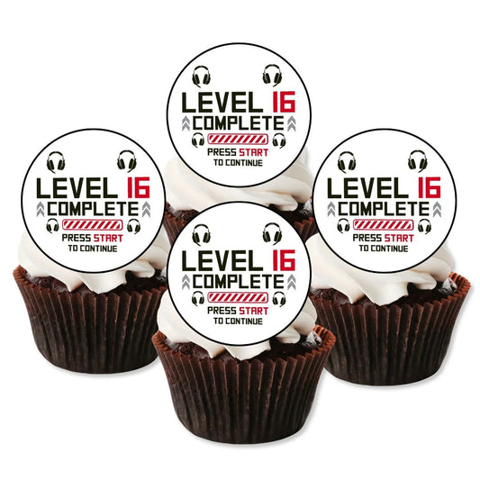 16th birthday gaming edible cupcake toppers, placed on chocolate frosted cupcakes