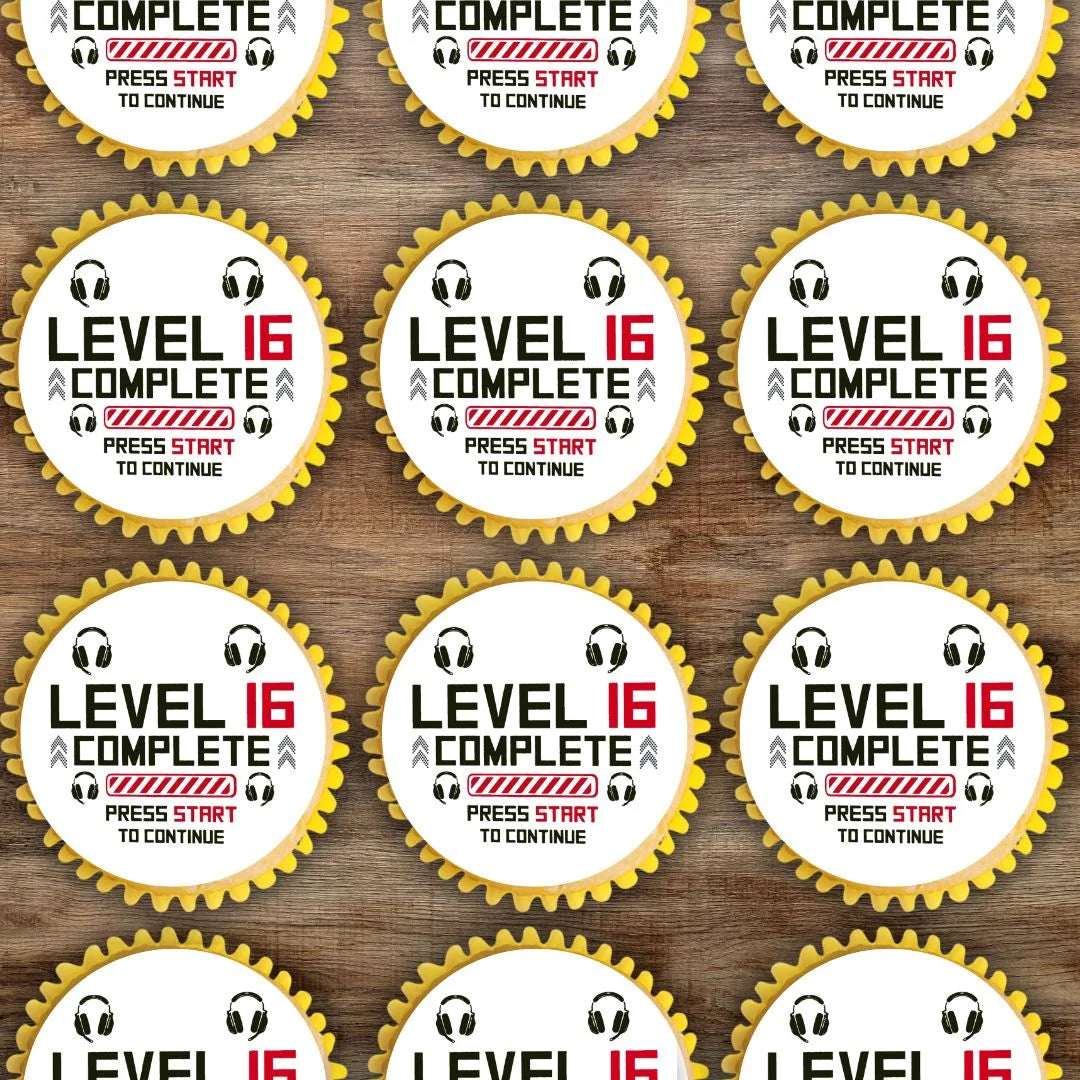 16th birthday gaming edible cupcake toppers, placed flat on cupcakes in yellow cases