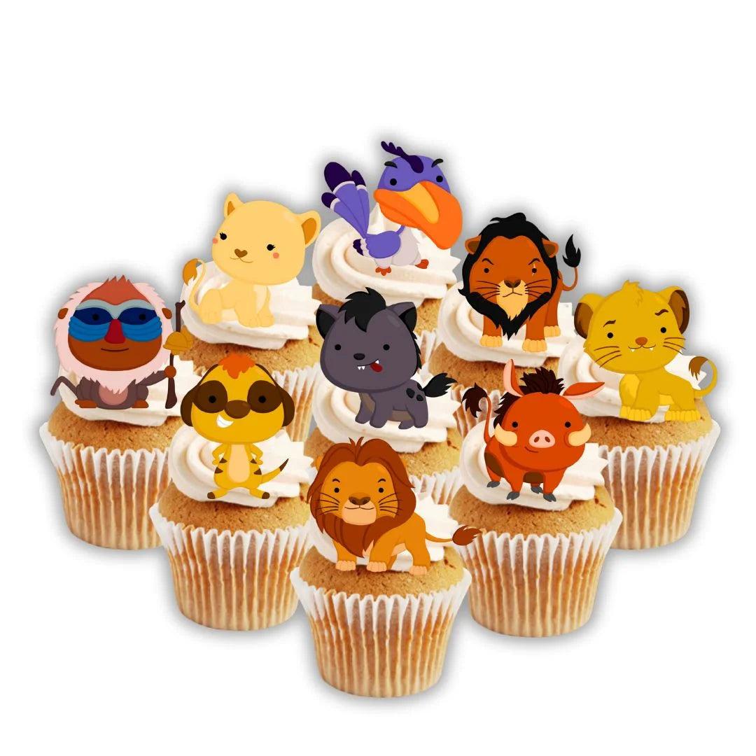 Lion Themed edible cupcake toppers on sponge cupcakes with white icing