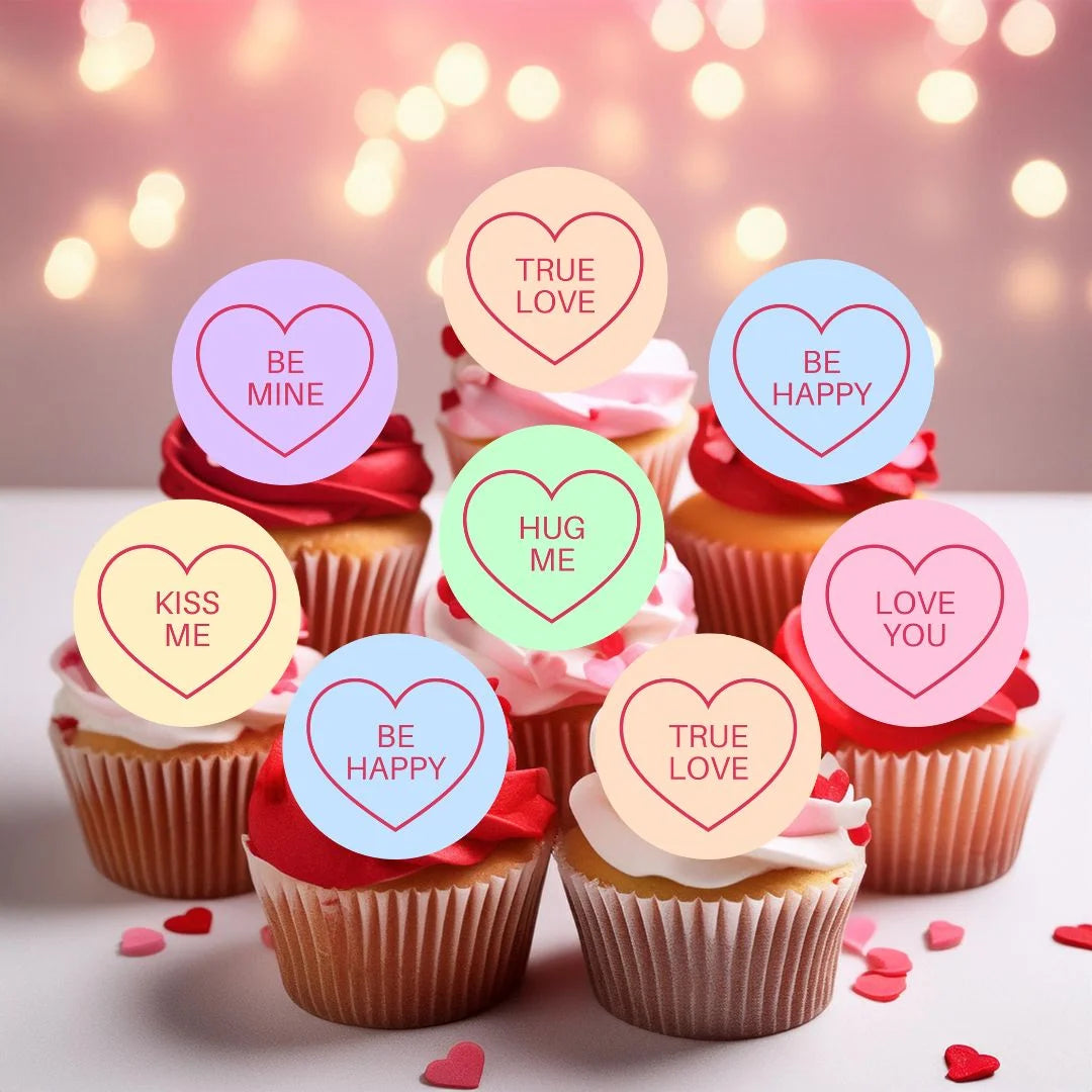 candy themed love heart quotes on pink and red cupcakes for valentines day