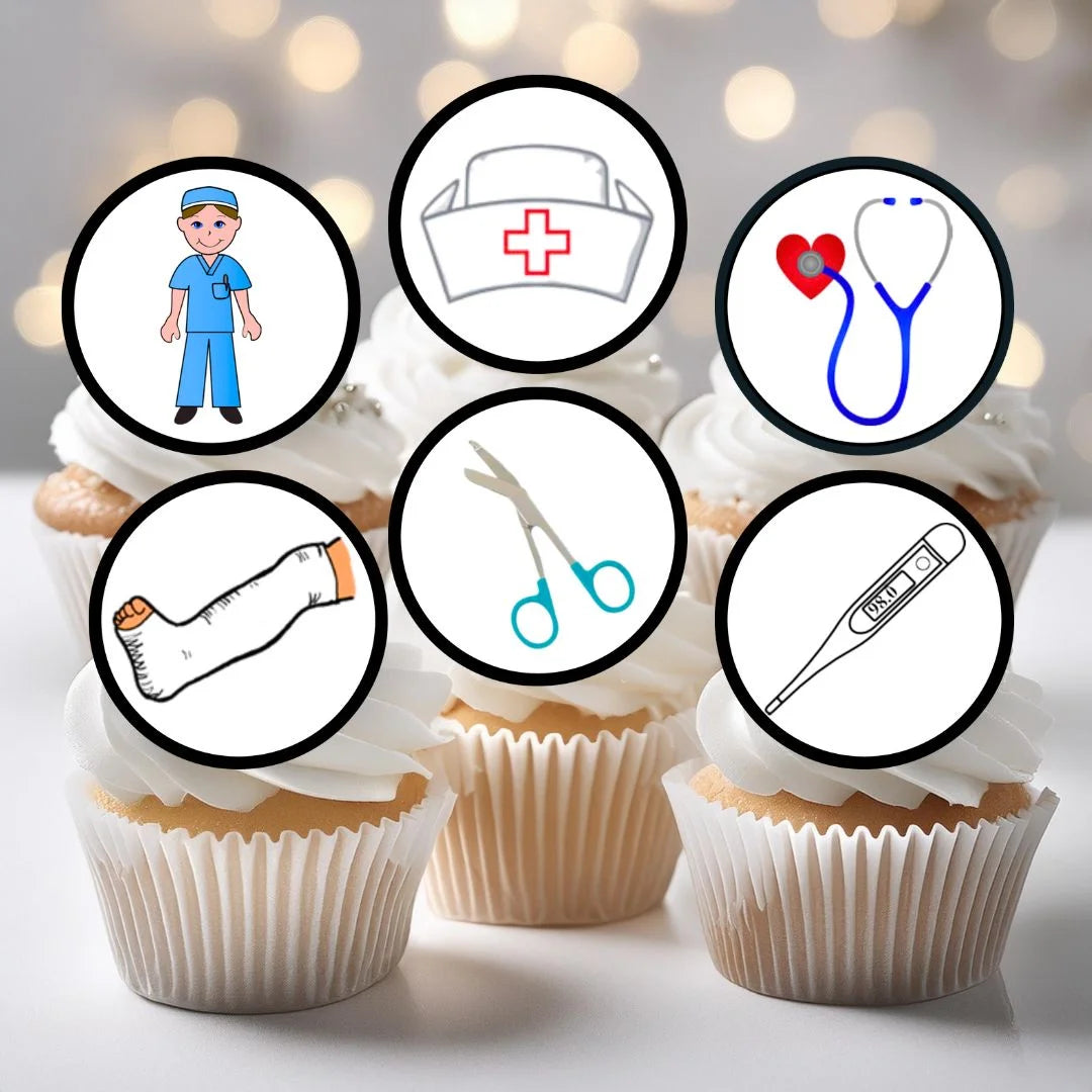 Medical + Hospital Themed Edible Cupcake Toppers  on white frosted cupcakes