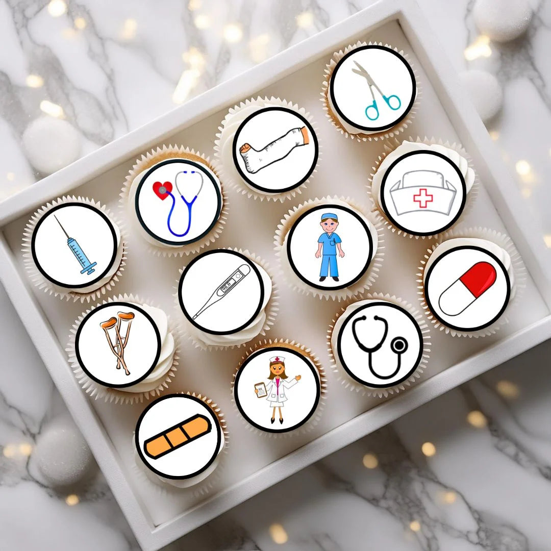 Medical + Hospital Themed Edible Cupcake Toppers  on white frosted cupcakes in a tray