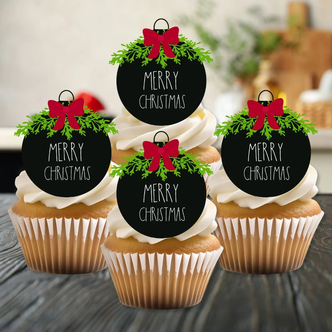 Merry Christmas Baubles Edible Cupcake Topper on a cupcake with pink frosting 