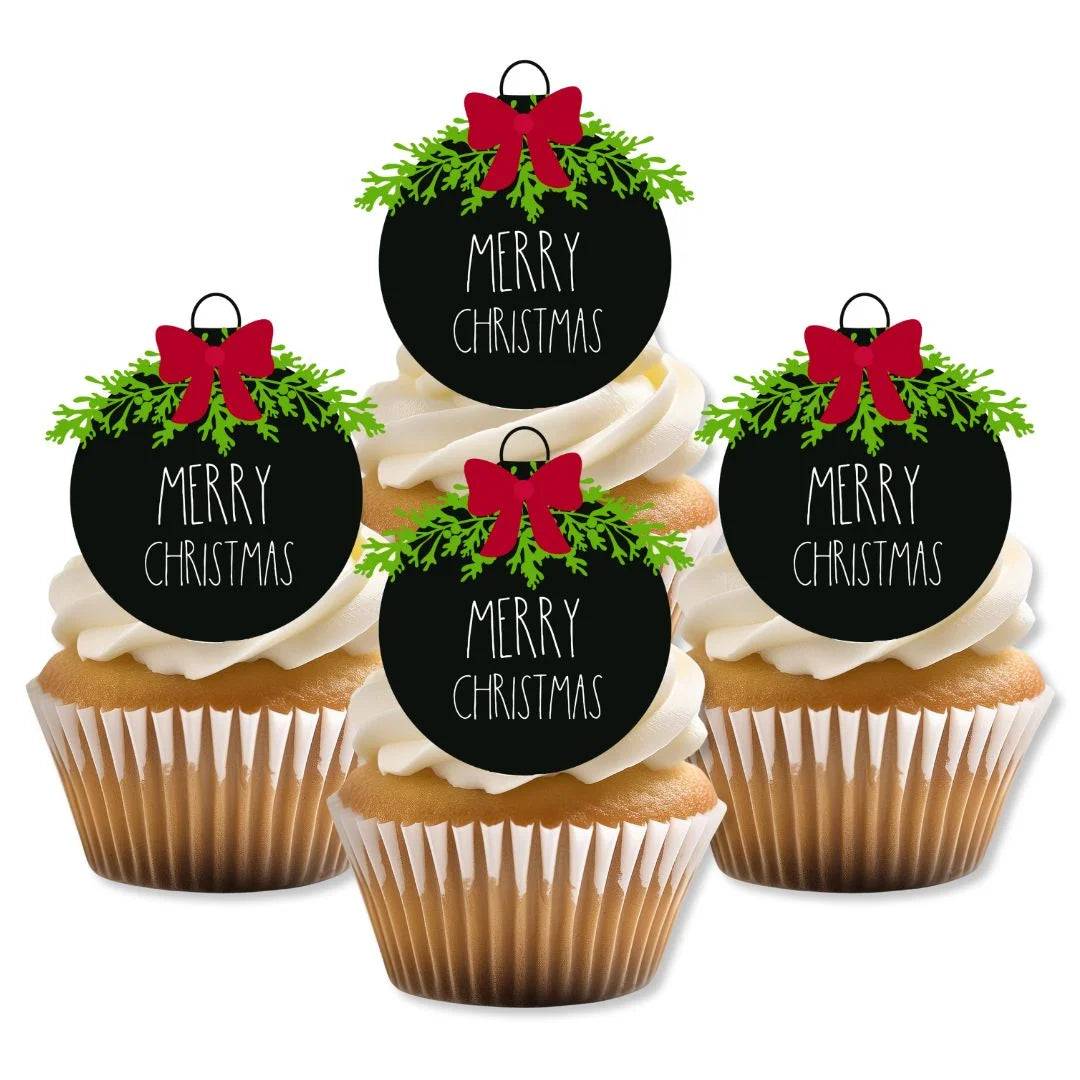 Christmas Baubles Edible Cupcake Toppers on cupcakes with white frosting 