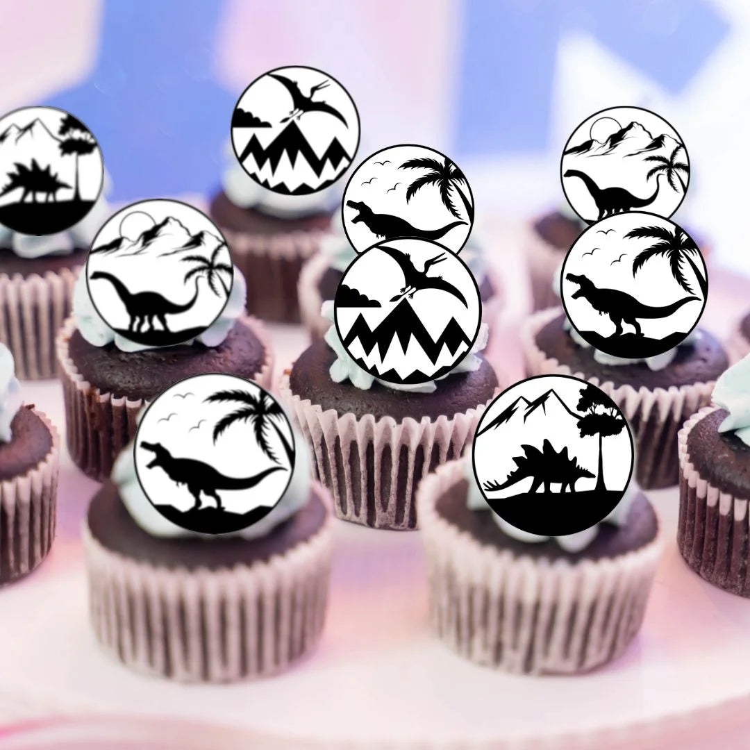 Monochrome Dinosaur Edible Cupcake Toppers