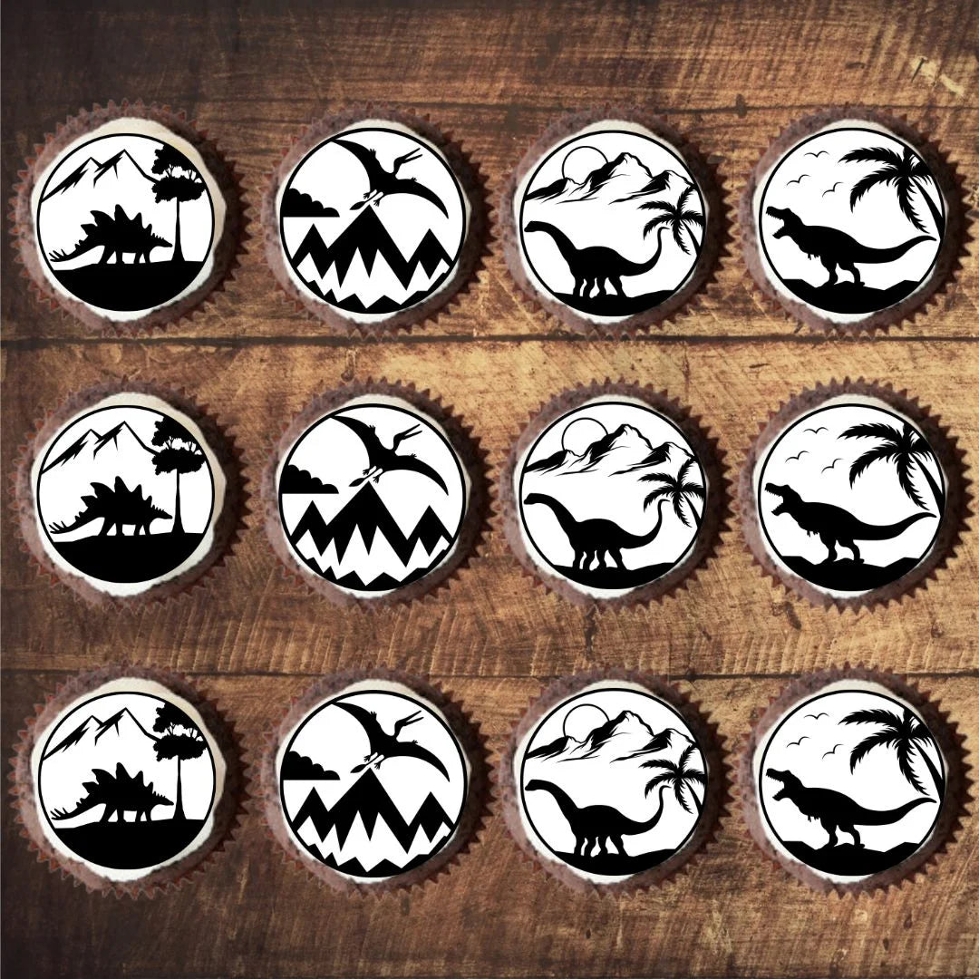 Monochrome Dinosaur Edible Cupcake Toppers