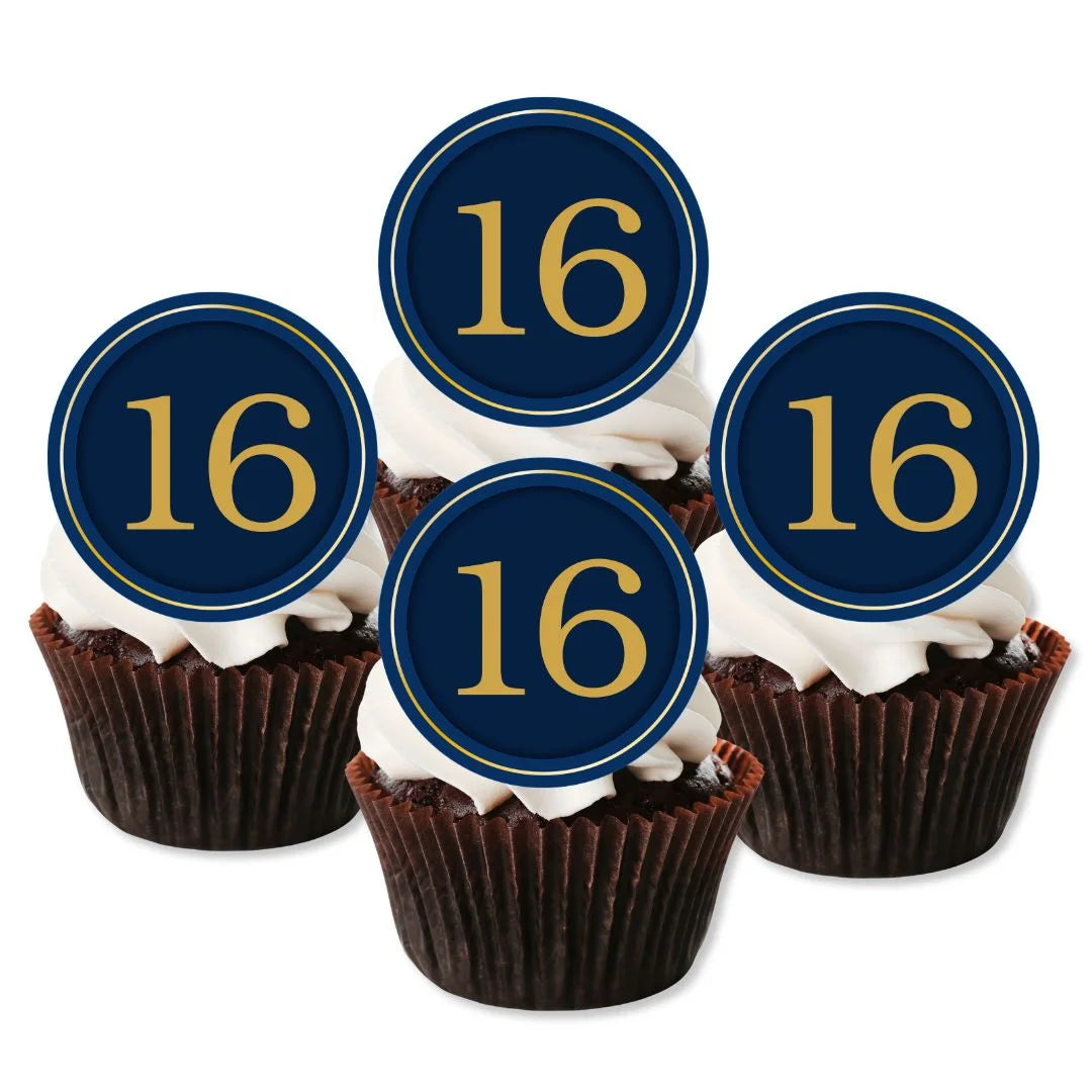 navy blue 16th birthday cupcake toppers placed on chocolate cupcakes