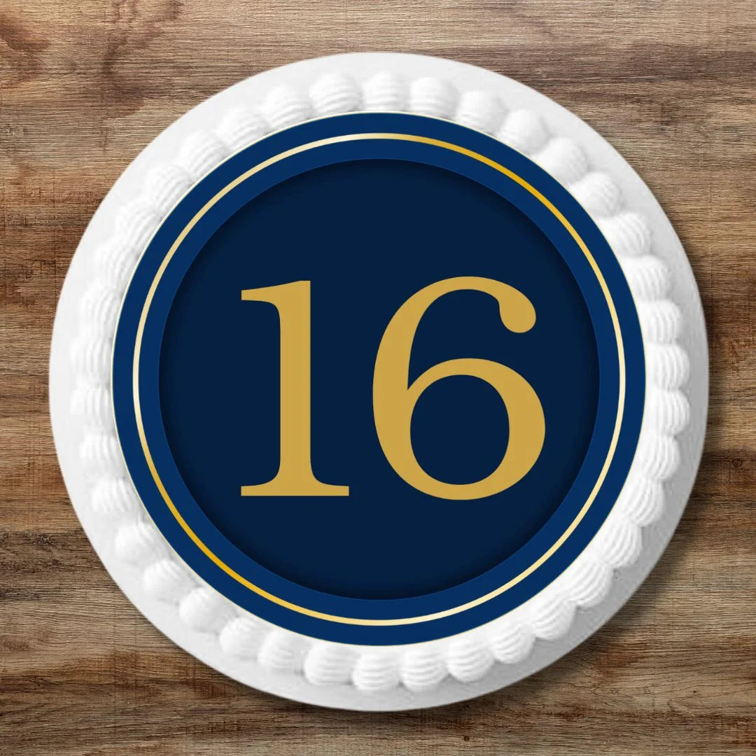 navy blue 16th birthday cake topper placed on a white iced cake