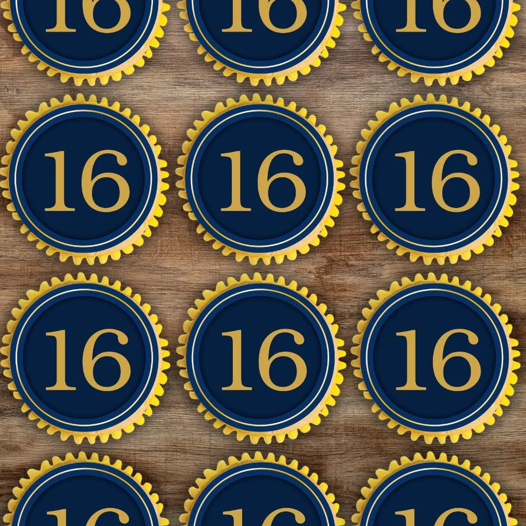 navy blue 16th birthday cupcake toppers placed on cupcakes with yellow cases