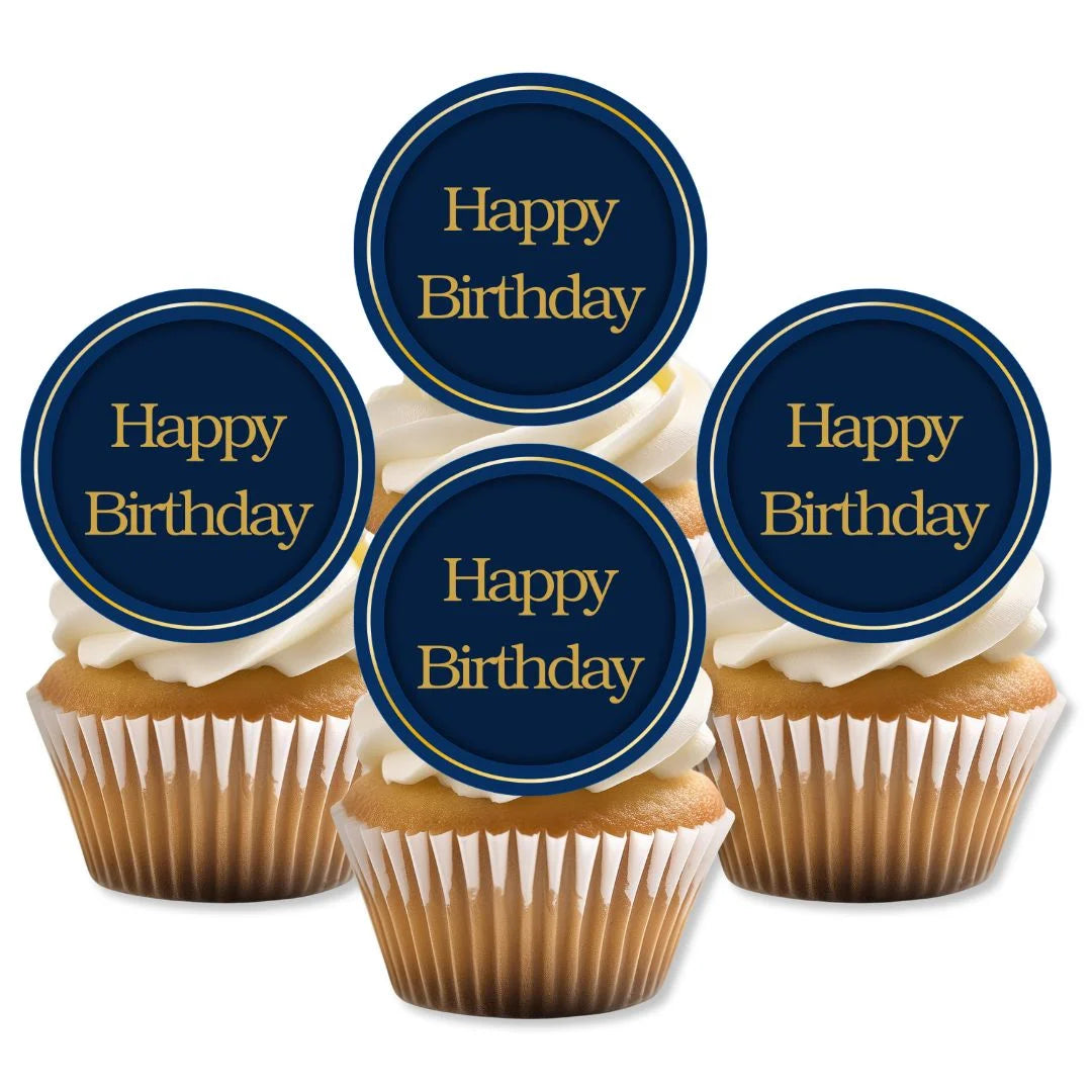 Navy happy birthday edible cupcake toppers placed on white frosted cupcakes