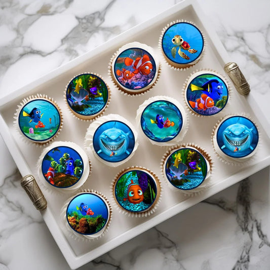 Finding Nemo Edible Cupcake Toppers on chocolate cupcakes with white frosting