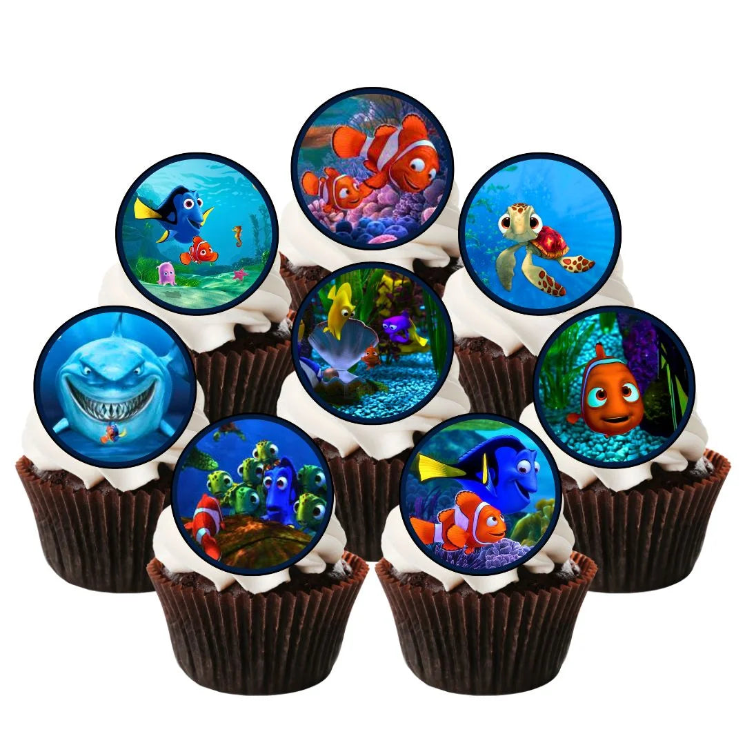 Finding Nemo Edible Cupcake Toppers on chocolate cupcakes with white frosting