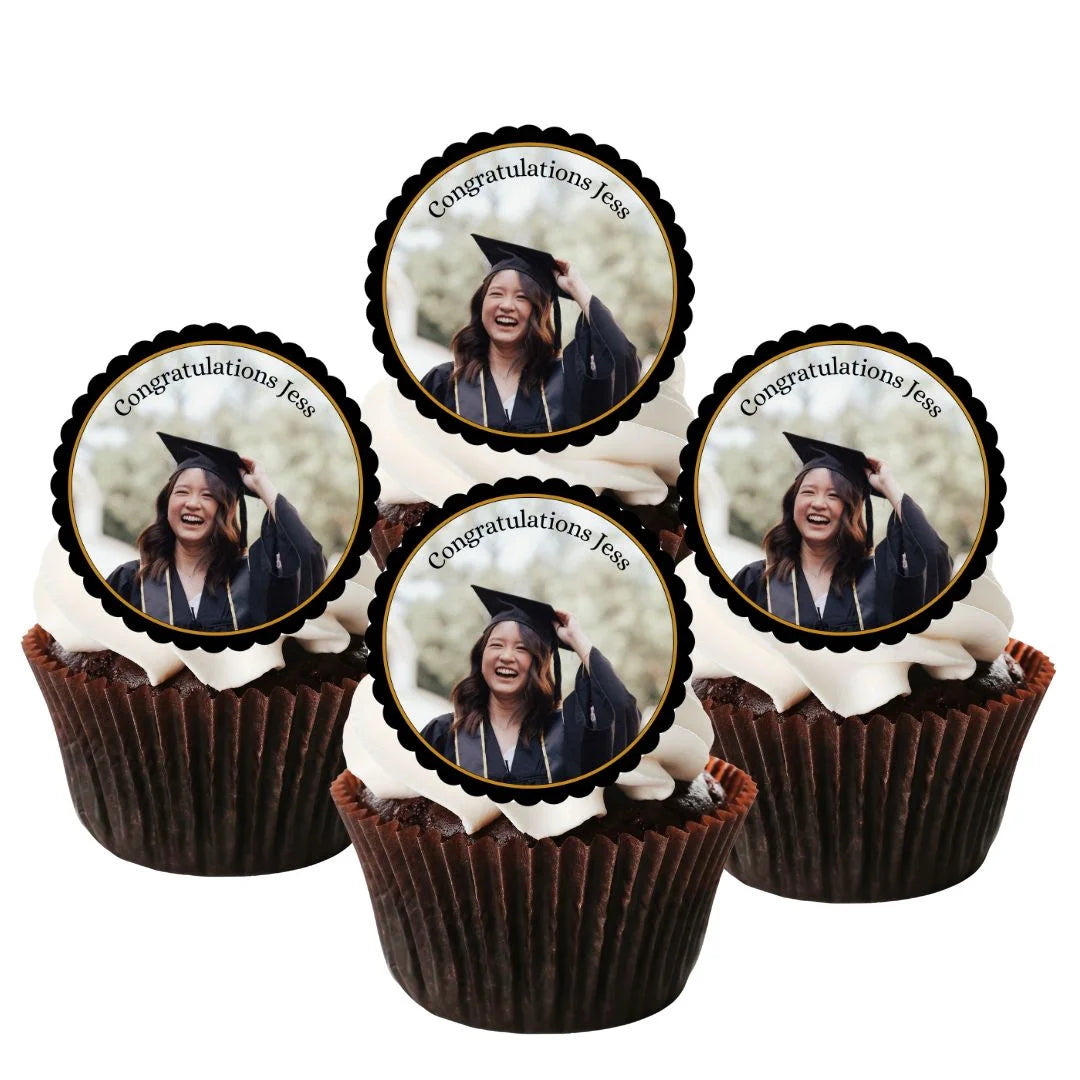 Personalised graduation cupcake toppers with custom message, placed on chocolate cupcakes