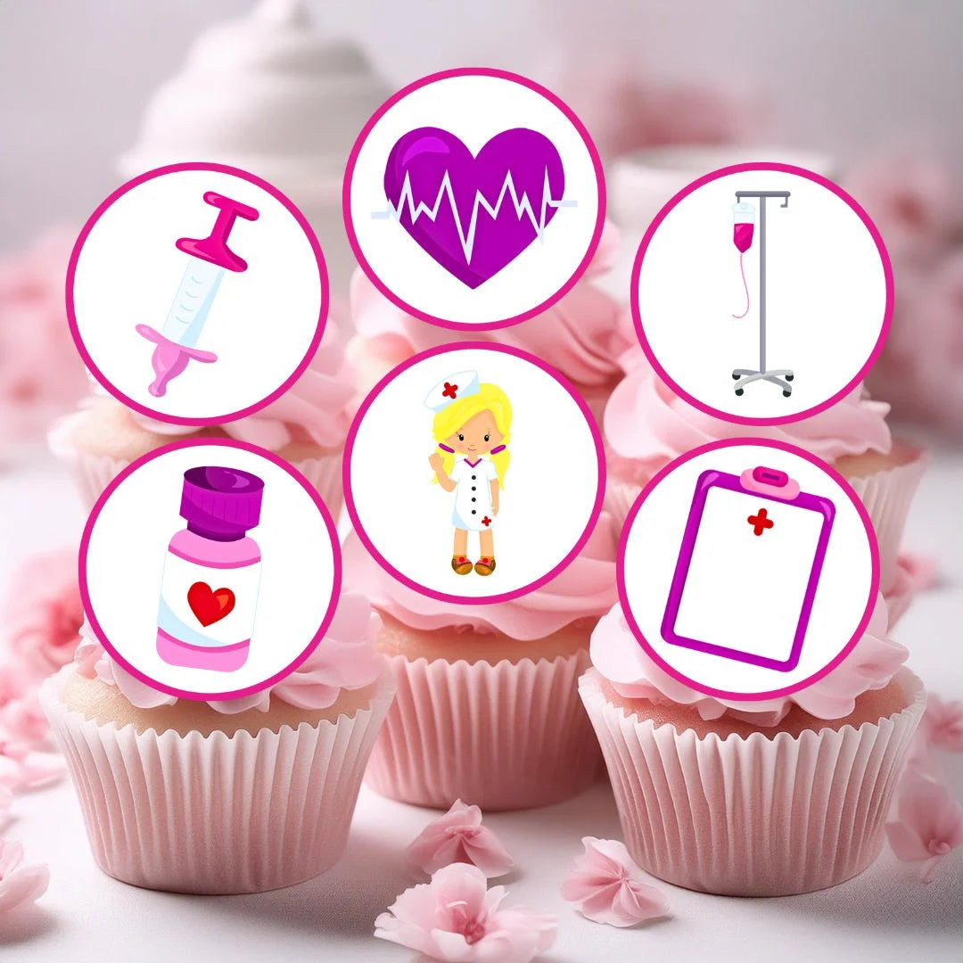 Pink Hospital Nurses Edible Cupcake Toppers  on pink frosted cupcakes 