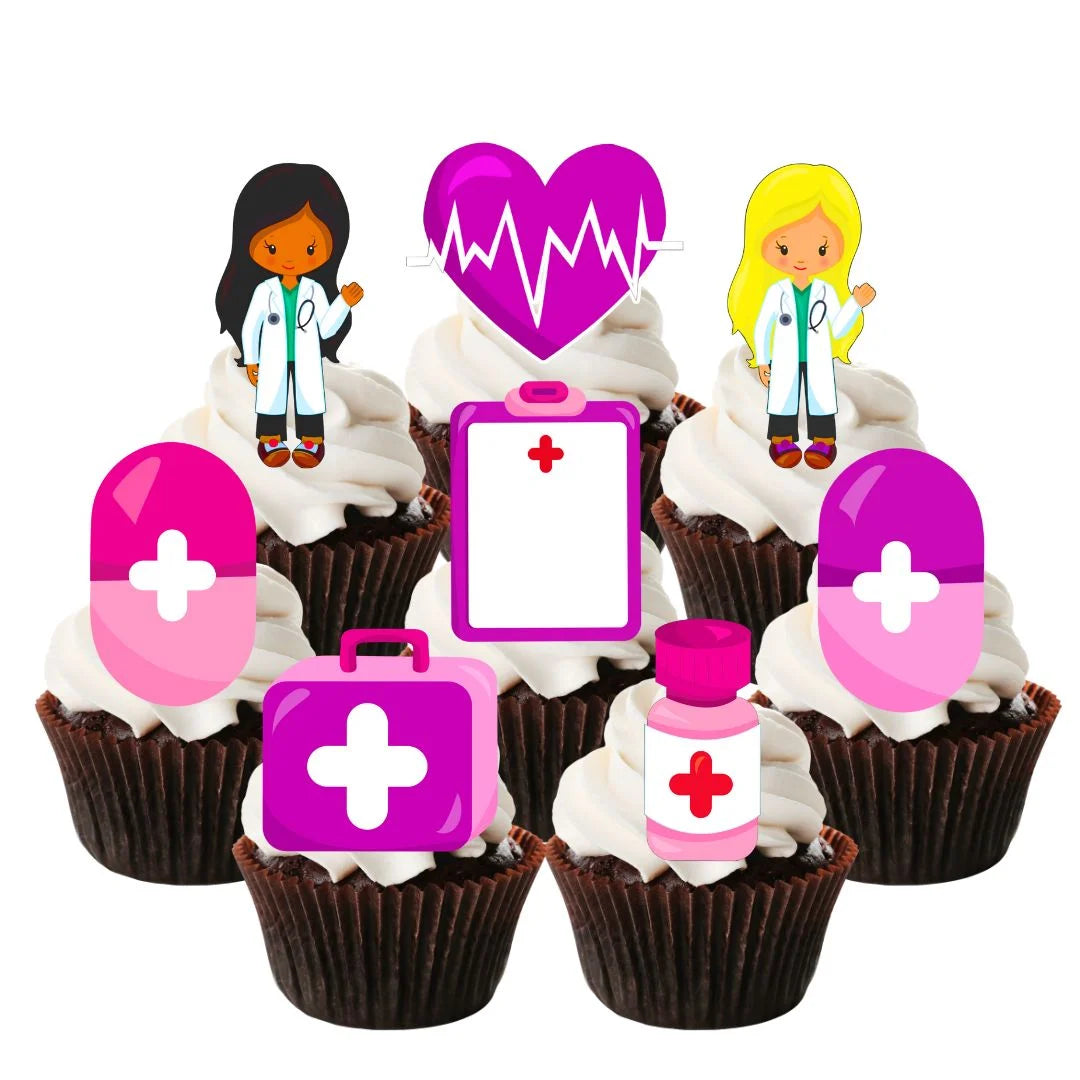 Pink Nurses + Doctors Shaped Edible Cupcake Toppers on white frosted cupcakes 