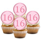 Pink 16 edible cupcake toppers placed on white frosted cupcakes