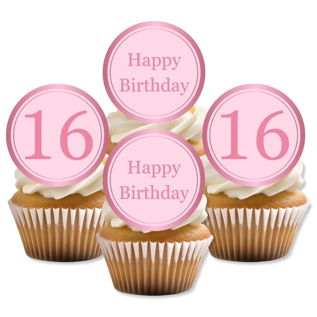 Pink 16th birthday cupcake toppers placed on white frosted cupcakes