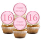 Pink 16th birthday cupcake toppers placed on white frosted cupcakes