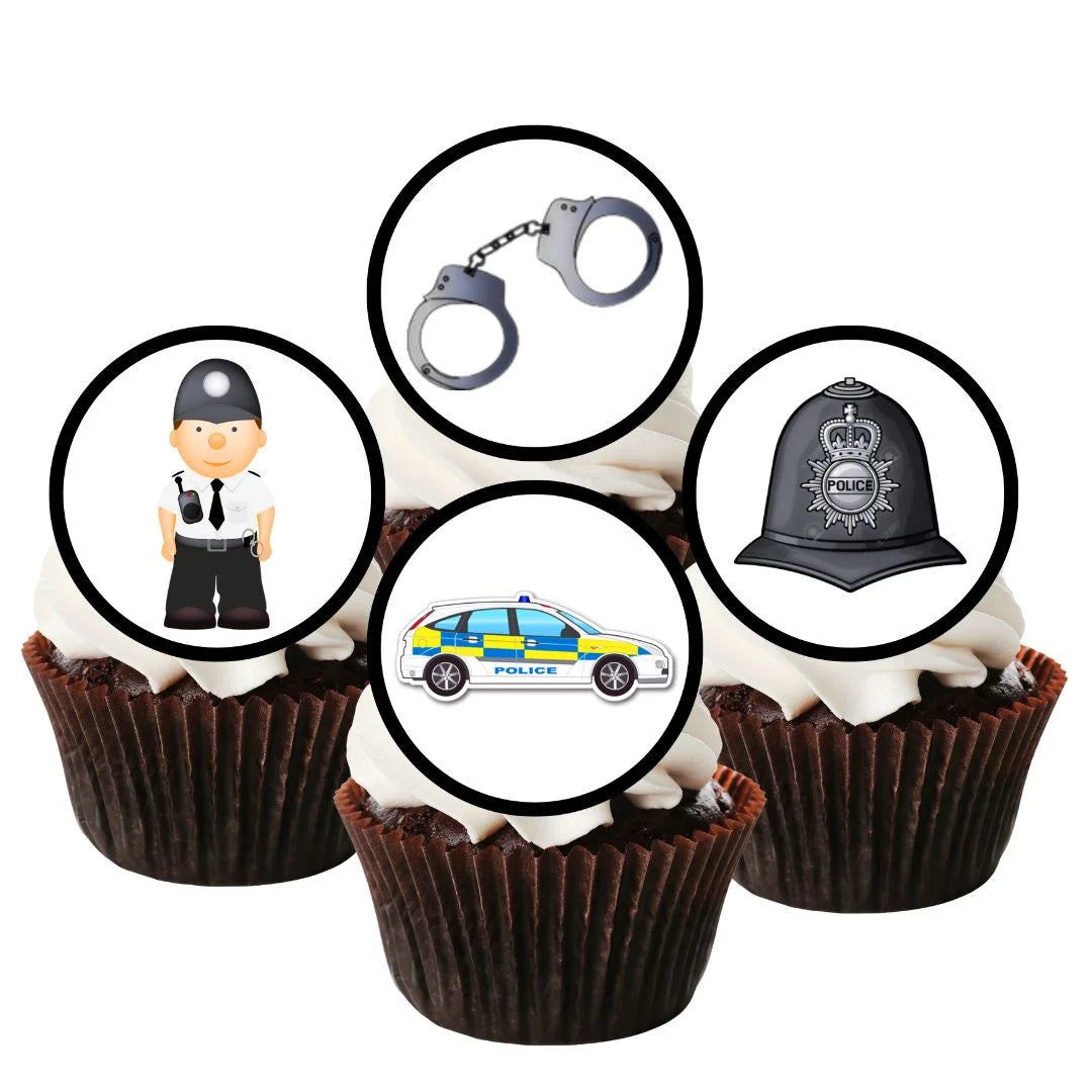 police themed edible cupcake toppers with illustrations of police officers, police cars and accessories. The toppers are on chocolate cupcakes with white frosting.