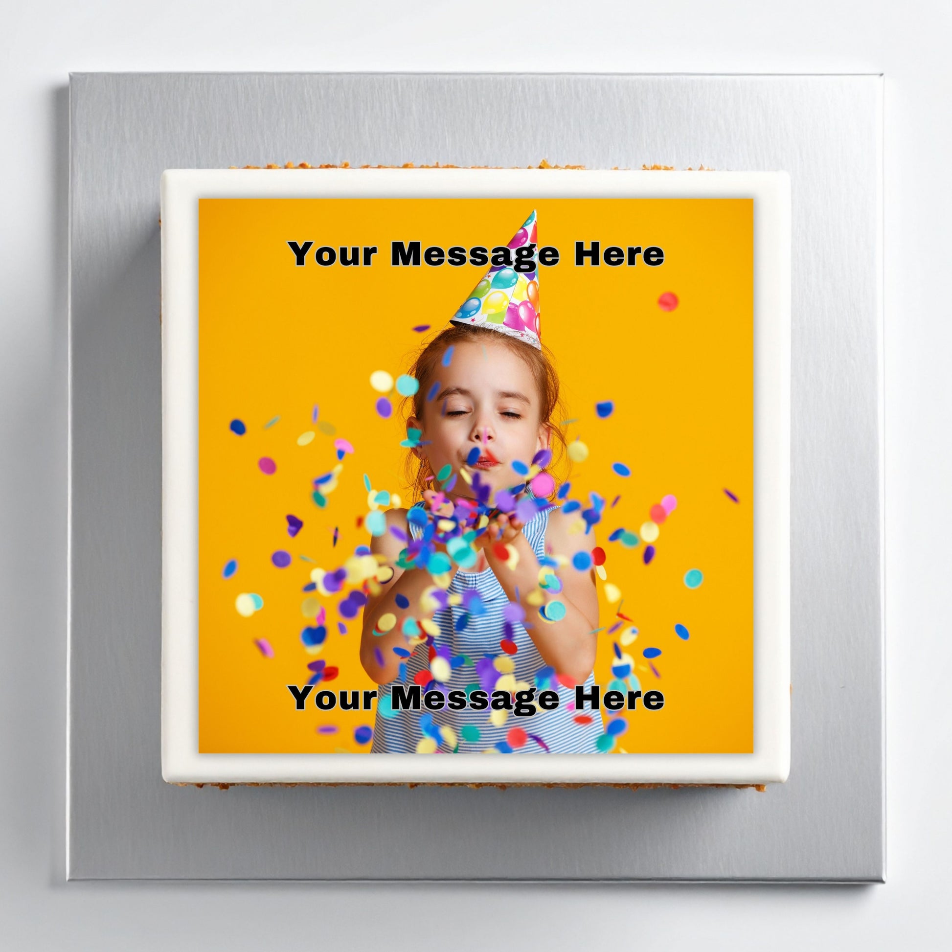 Personalized photo cake topper with a child wearing a party hat and confetti on a yellow background.
