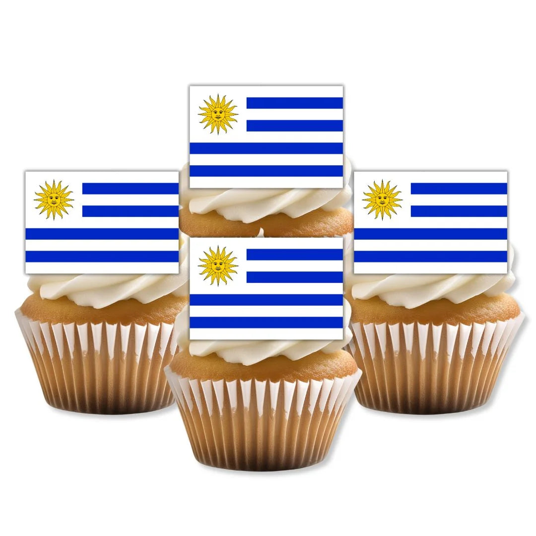 Uruguay Flag Edible Cupcake Toppers on white frosted cupcakes 