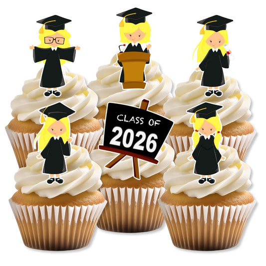 Cupcakes with graduation-themed toppers and a 'Class of 2026' sign on a white background