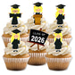 Cupcakes with graduation-themed toppers and a 'Class of 2026' sign on a white background