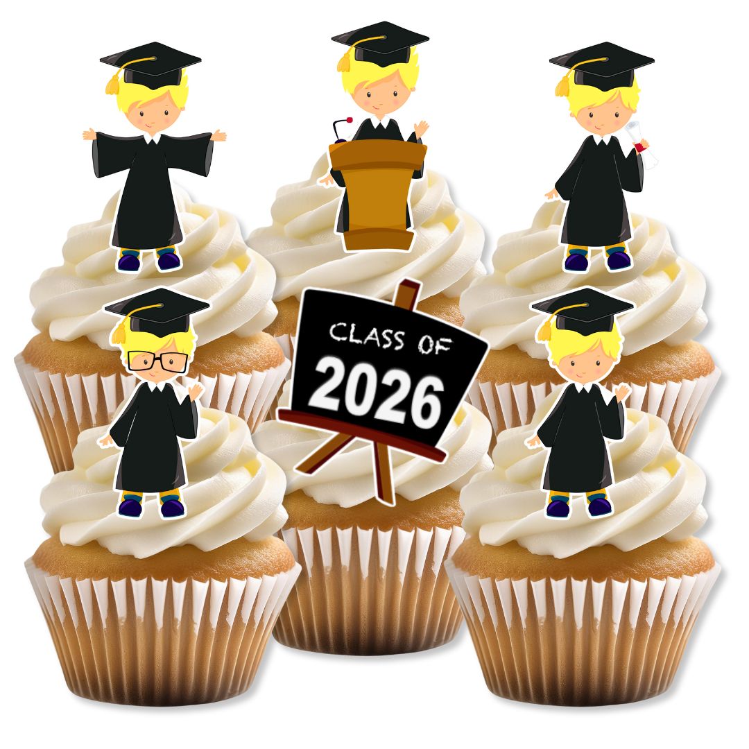 Cupcakes with white frosting and graduation-themed decorations, including figures in caps and gowns and a 'Class of 2026' sign.