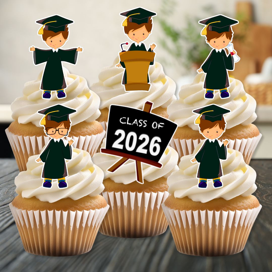 Cupcakes with graduation-themed toppers and 'Class of 2026' sign on a wooden surface.