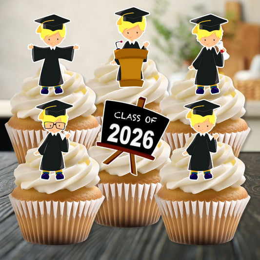 Cupcakes with graduation-themed toppers and a 'Class of 2026' sign.