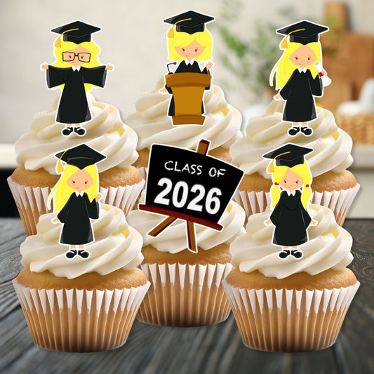 Cupcakes with graduation-themed toppers and a 'Class of 2026' sign.