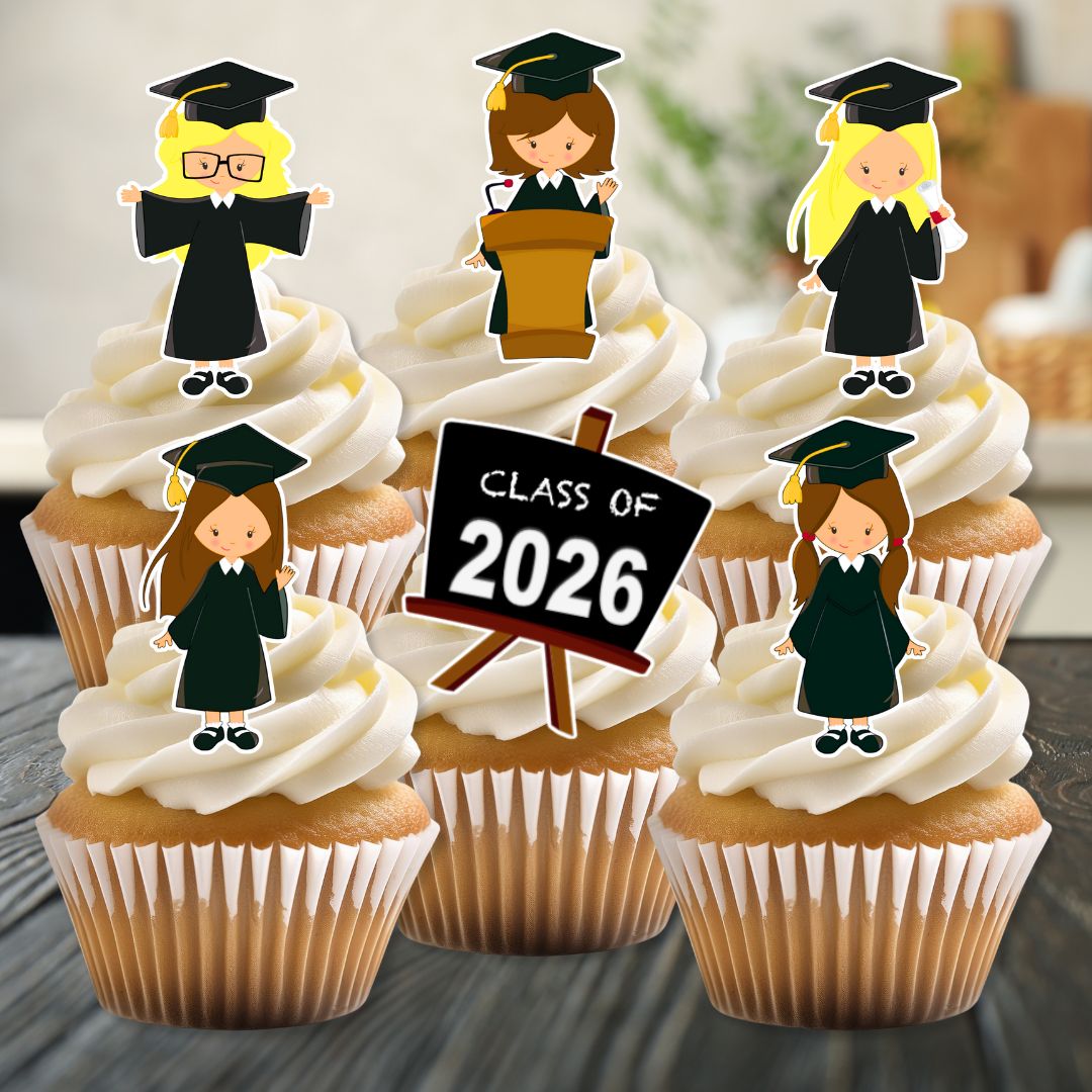 Cupcakes with graduation-themed toppers and a 'Class of 2026' sign.