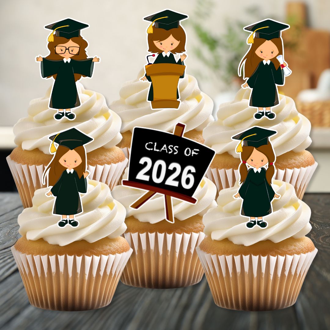 Cupcakes with graduation-themed toppers and 'Class of 2026' sign on a neutral background