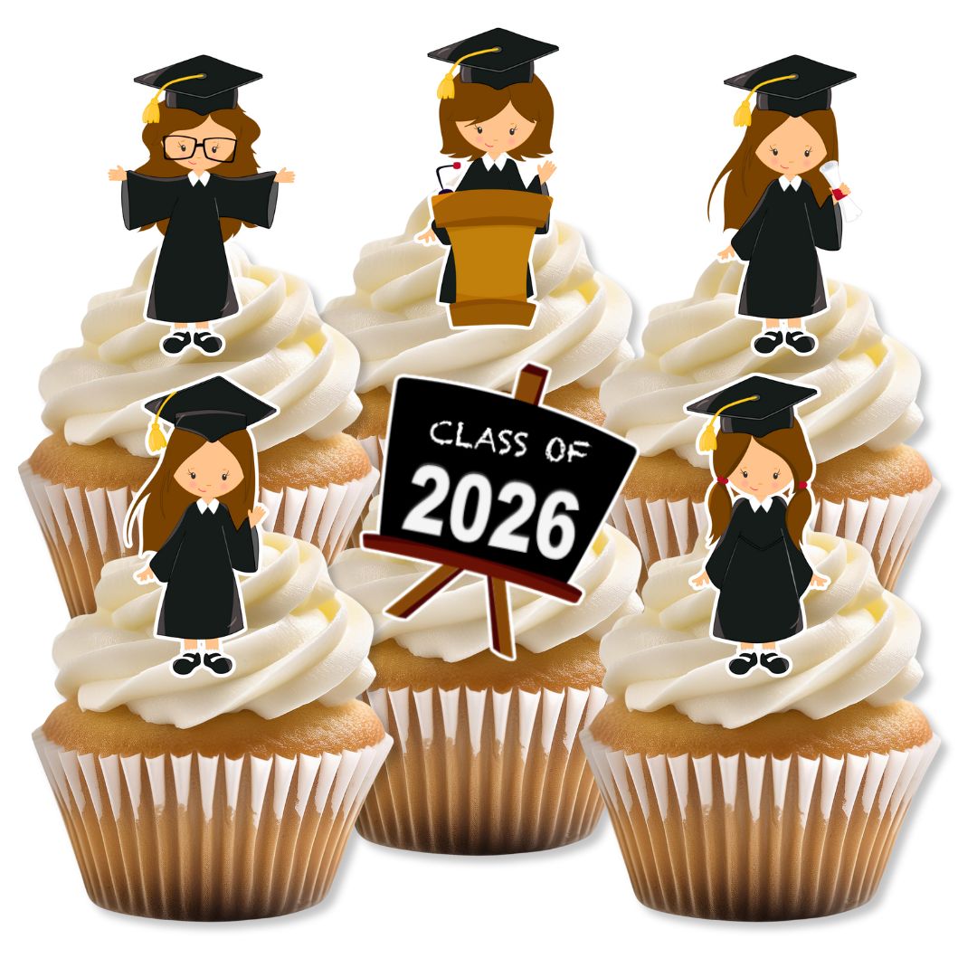 Cupcakes with graduation-themed decorations and 'Class of 2026' sign on a white background