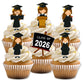 Cupcakes with graduation-themed decorations and 'Class of 2026' sign on a white background