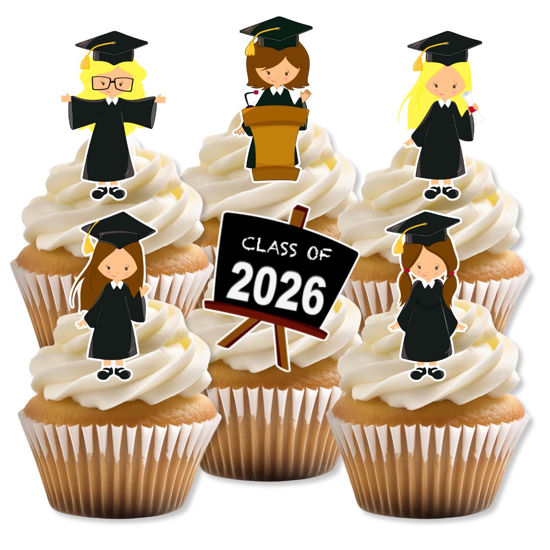 Cupcakes with graduation-themed toppers and 'Class of 2026' sign on a white background