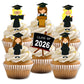 Cupcakes with graduation-themed toppers and 'Class of 2026' sign on a white background
