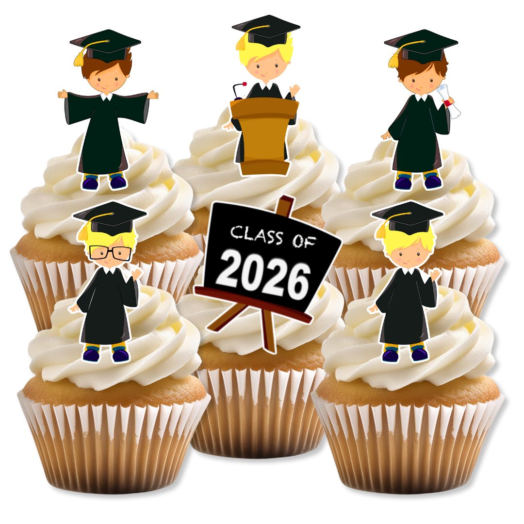 Cupcakes with white frosting and small graduation-themed figures, including a 'Class of 2026' sign.