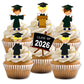 Cupcakes with white frosting and small graduation-themed figures, including a 'Class of 2026' sign.