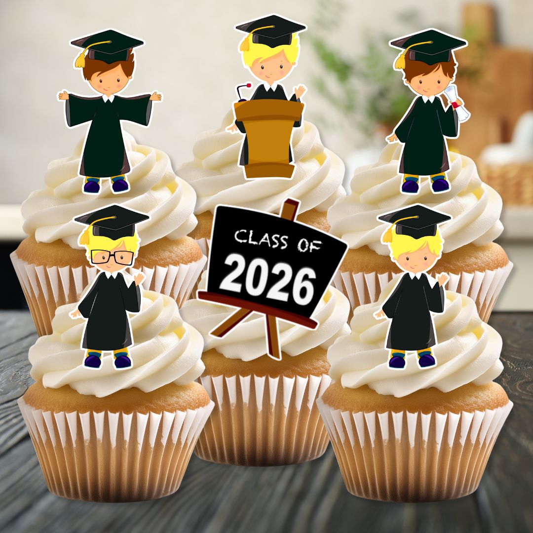 Cupcakes with graduation-themed toppers and a 'Class of 2026' sign.