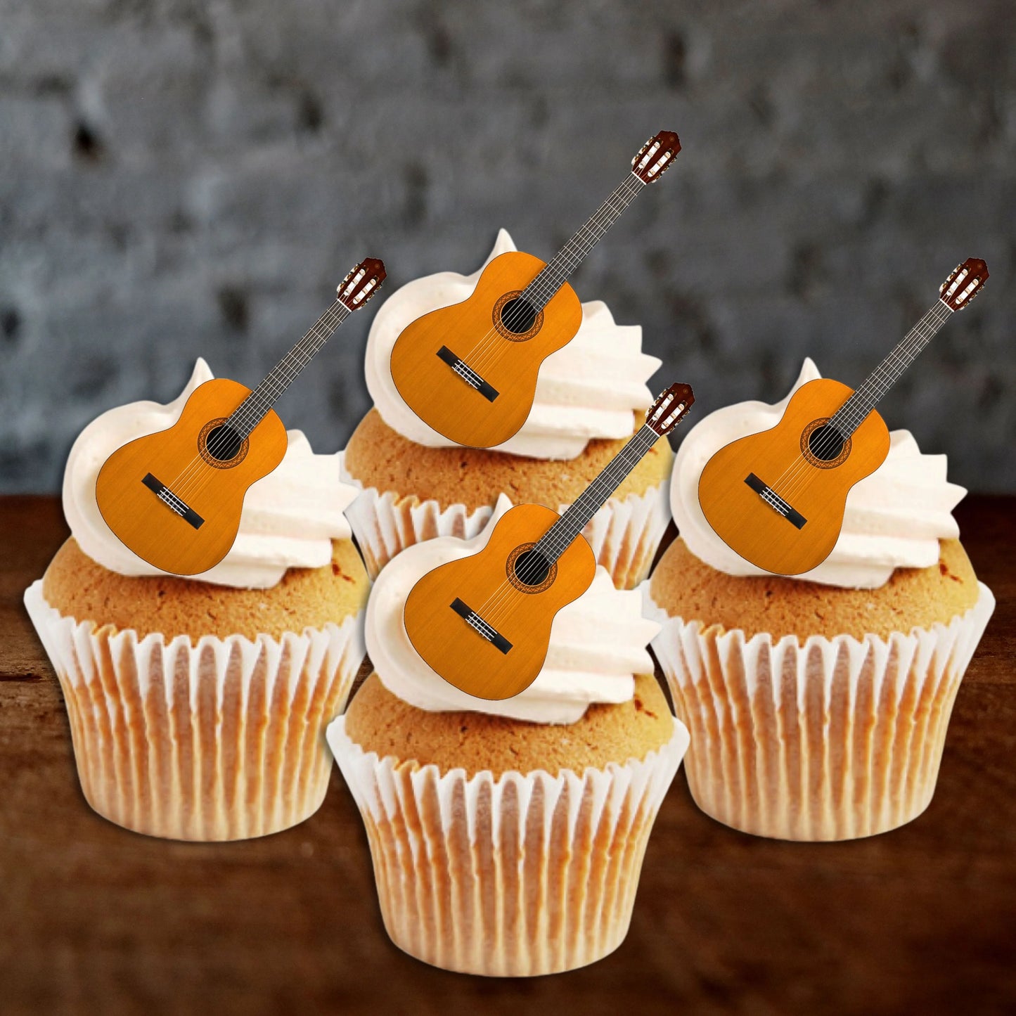 Acoustic Guitar Edible Cupcake Toppers on chocolate cupcakes with white frosting 