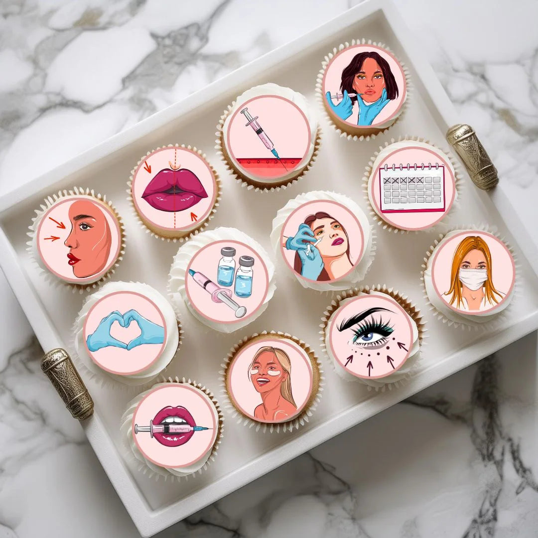 Aesthetic Clinic Theme Edible Cupcake Toppers on white frosted cupcakes