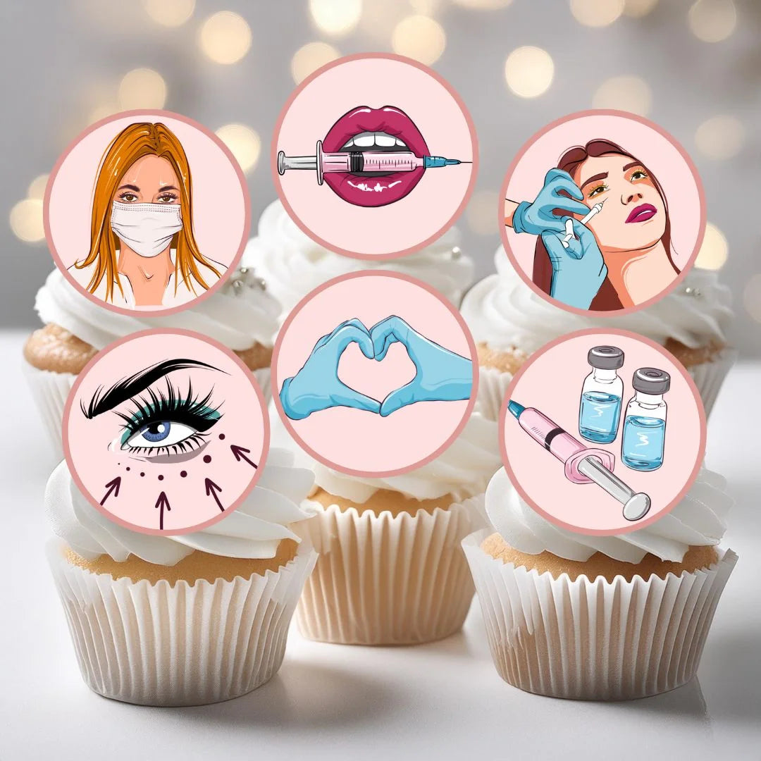 Aesthetic Clinic Theme Edible Cupcake Toppers on white frosted cupcakes