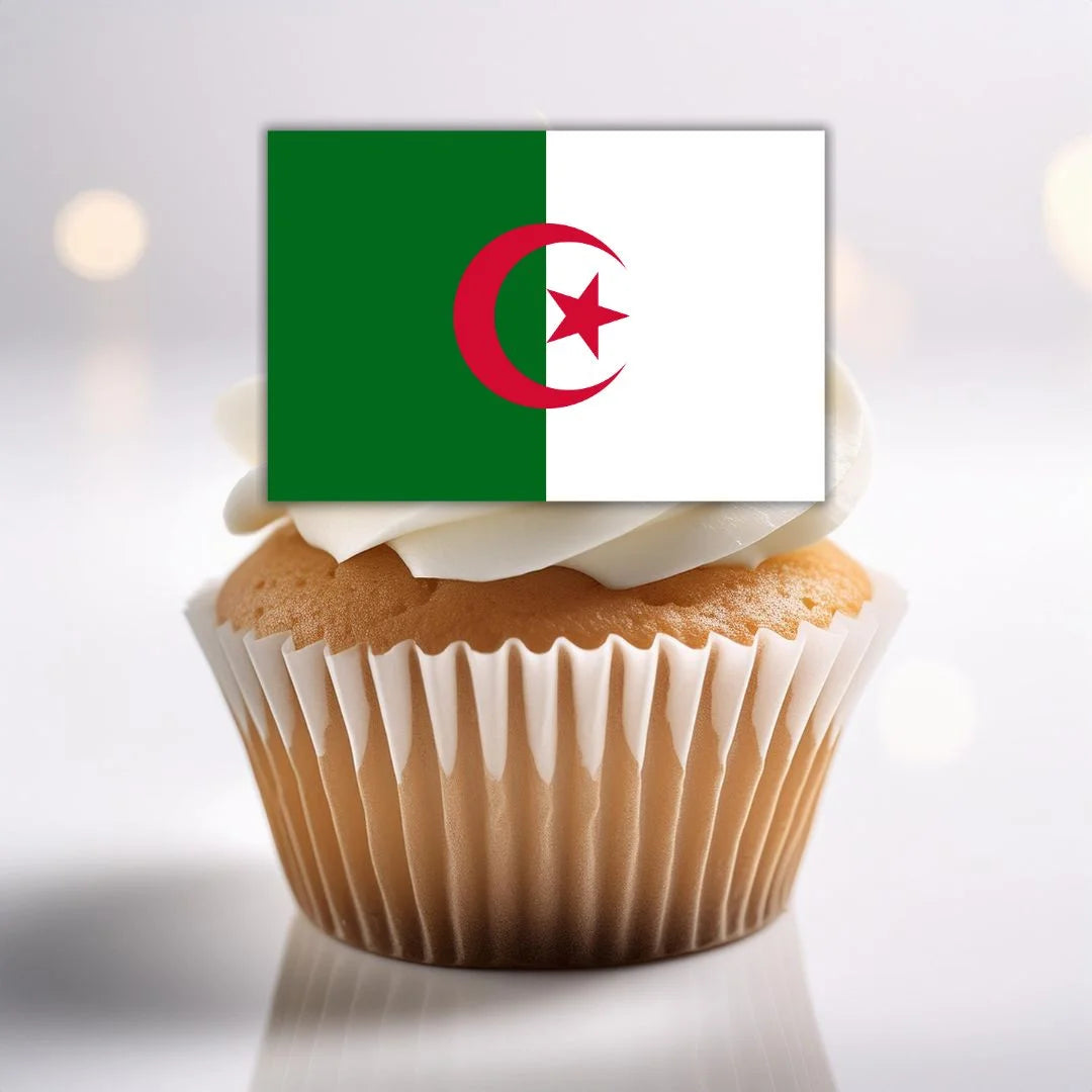 Algeria Flag Edible Cupcake Toppers on sponge cupcakes with white frosting 