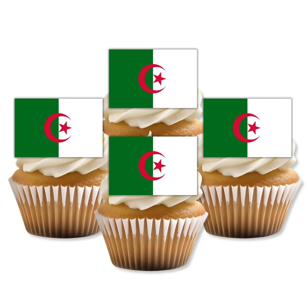 Algeria Flag Edible Cupcake Toppers on sponge cupcakes with white frosting 