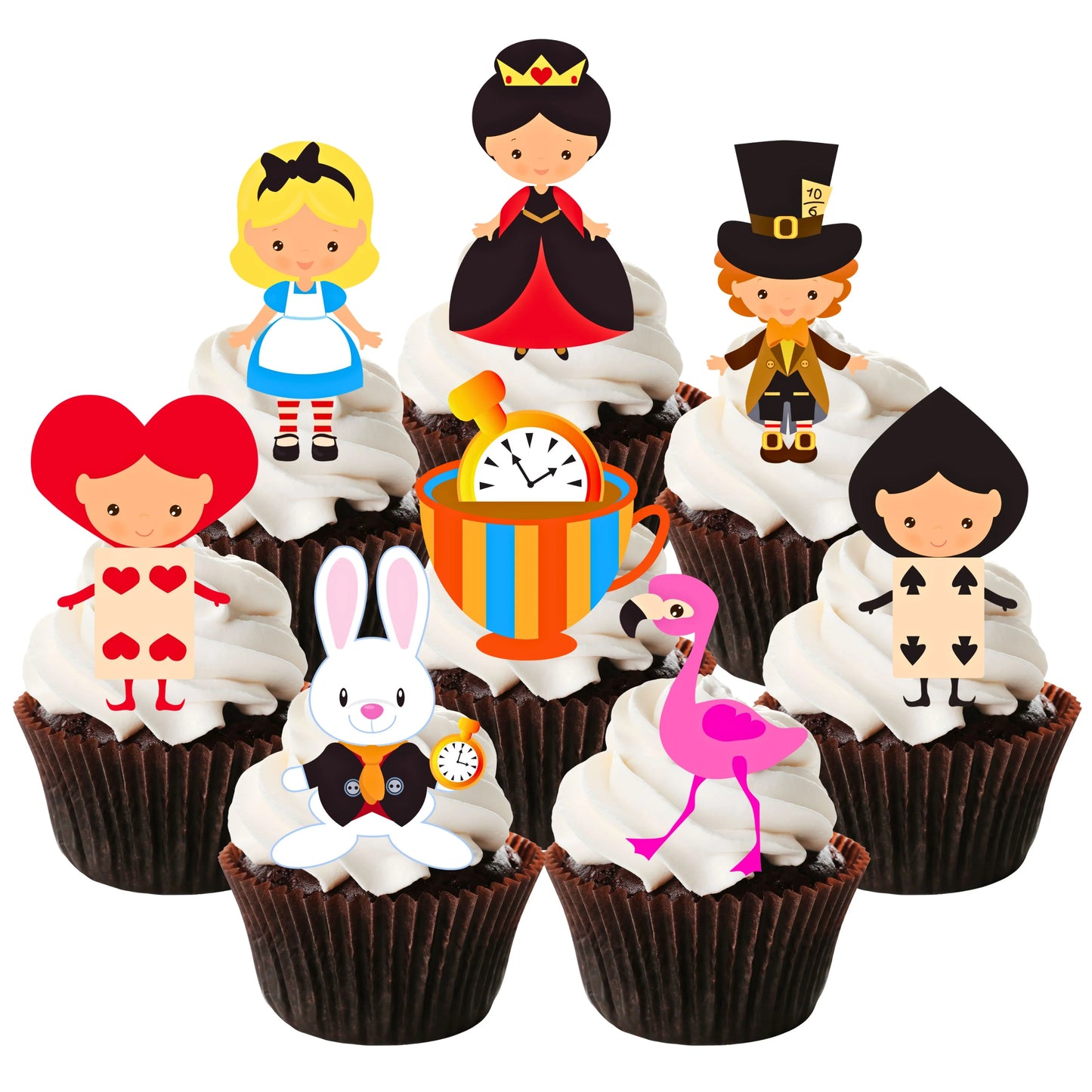 Alice Theme Wonderland Edible Cupcake Toppers on chocolate cupcakes with white frosting 